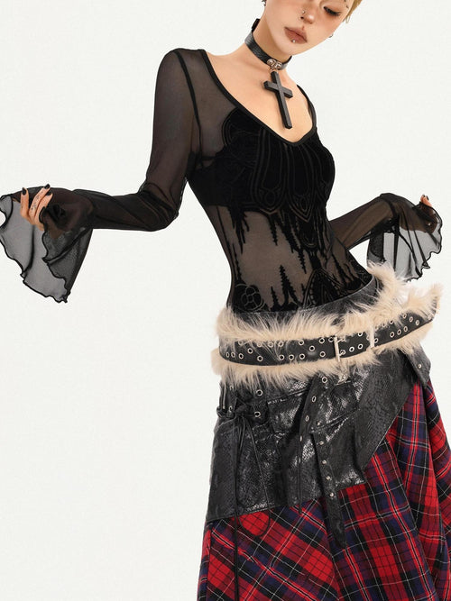 Nico Molly Black Mesh Floral V-neck Bell Sleeve Slim Fit Dark Goth Long Sleeve Crop Tops