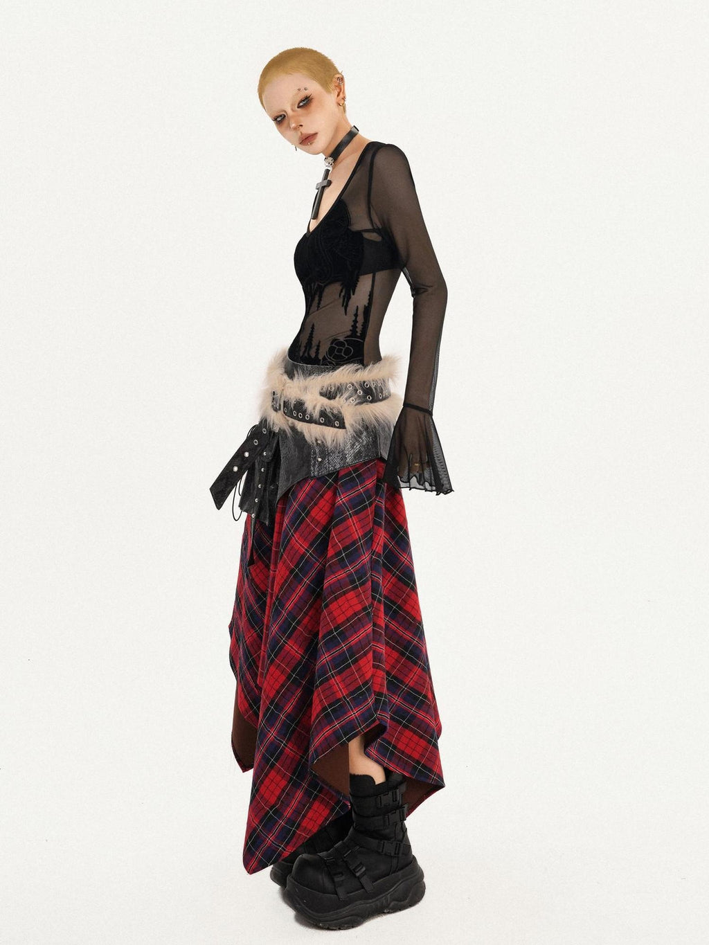 Nico Molly Black Mesh Floral V-neck Bell Sleeve Slim Fit Dark Goth Long Sleeve Crop Tops