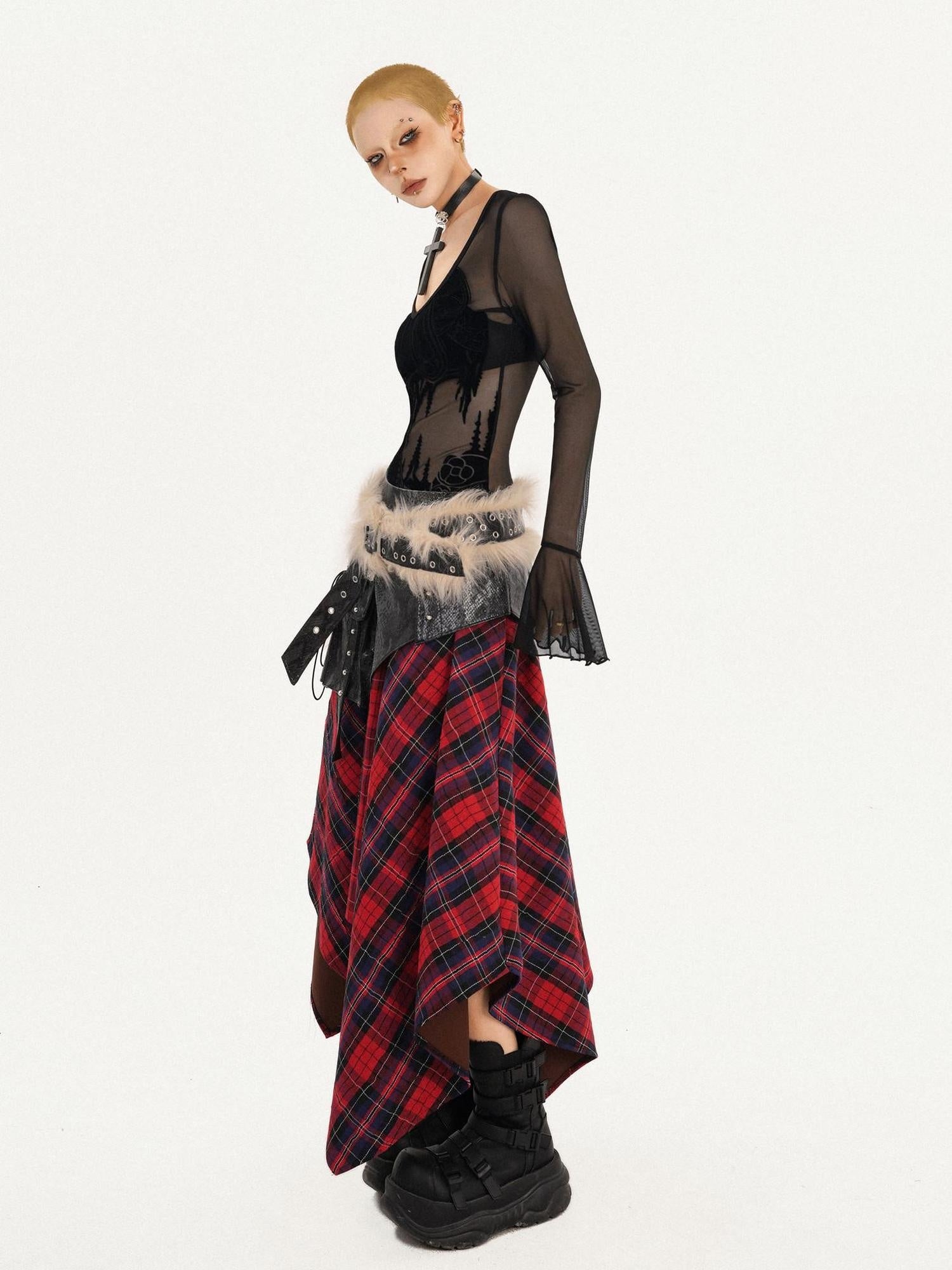 Nico Molly Black Mesh Floral V-neck Bell Sleeve Slim Fit Dark Goth Long Sleeve Crop Tops