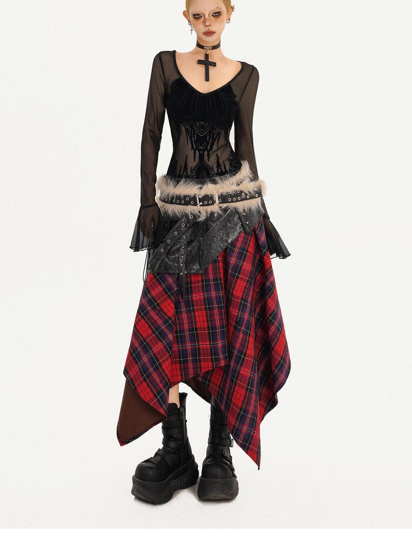 Nico Molly Black Mesh Floral V-neck Bell Sleeve Slim Fit Dark Goth Long Sleeve Crop Tops