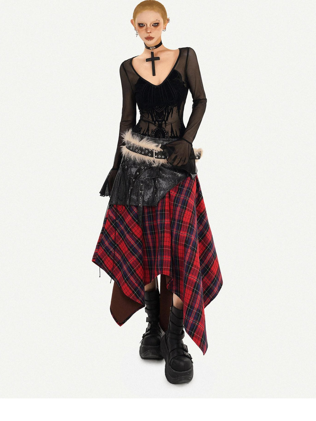 Nico Molly Black Mesh Floral V-neck Bell Sleeve Slim Fit Dark Goth Long Sleeve Crop Tops