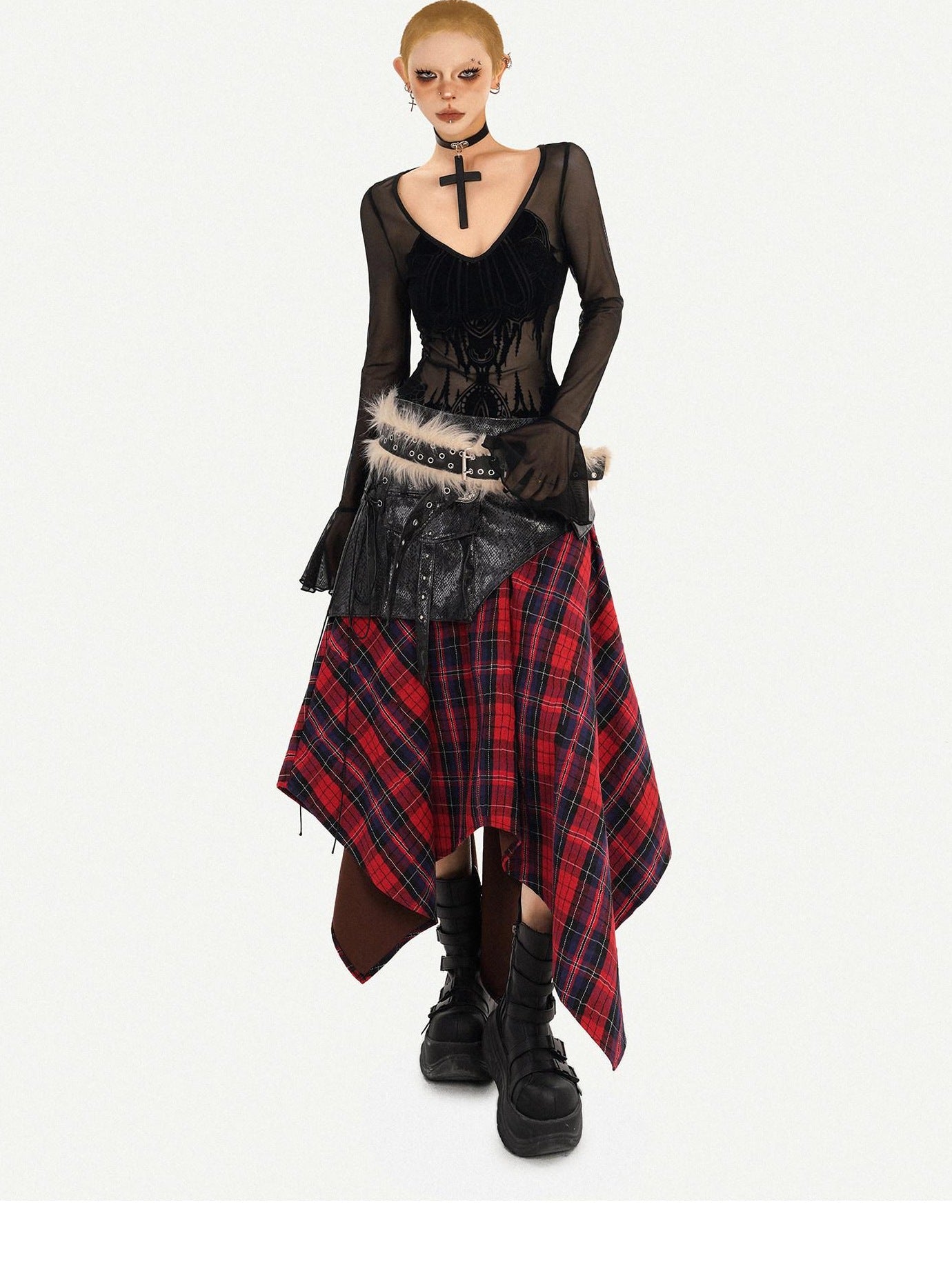 Nico Molly Black Mesh Floral V-neck Bell Sleeve Slim Fit Dark Goth Long Sleeve Crop Tops