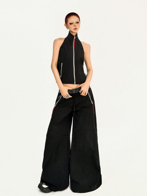 Nico Molly Black Sleeveless Zip Stand Collar Workwear Slim High Waist Cargo Top & Pants Sets