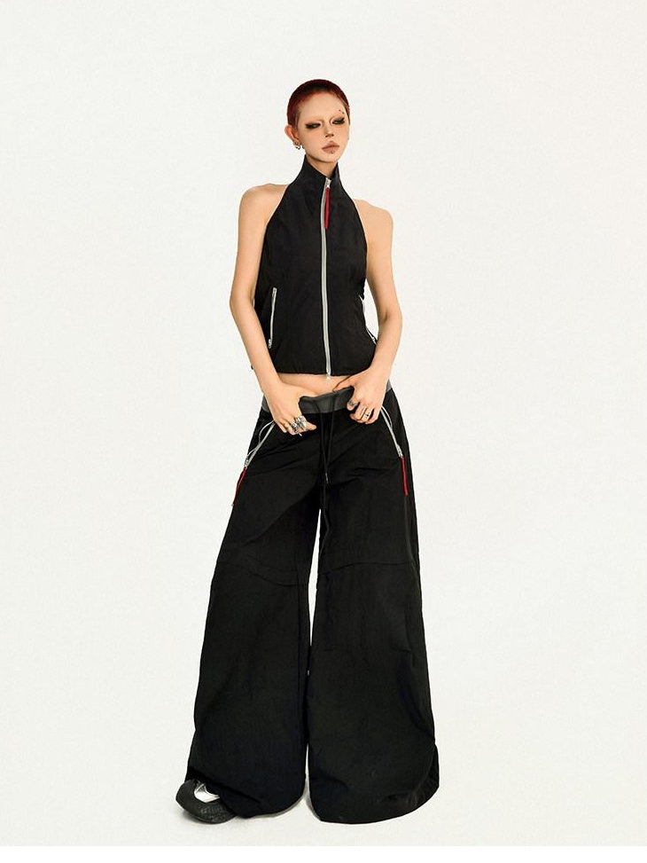 Nico Molly Black Sleeveless Zip Stand Collar Workwear Slim High Waist Cargo Top & Pants Sets