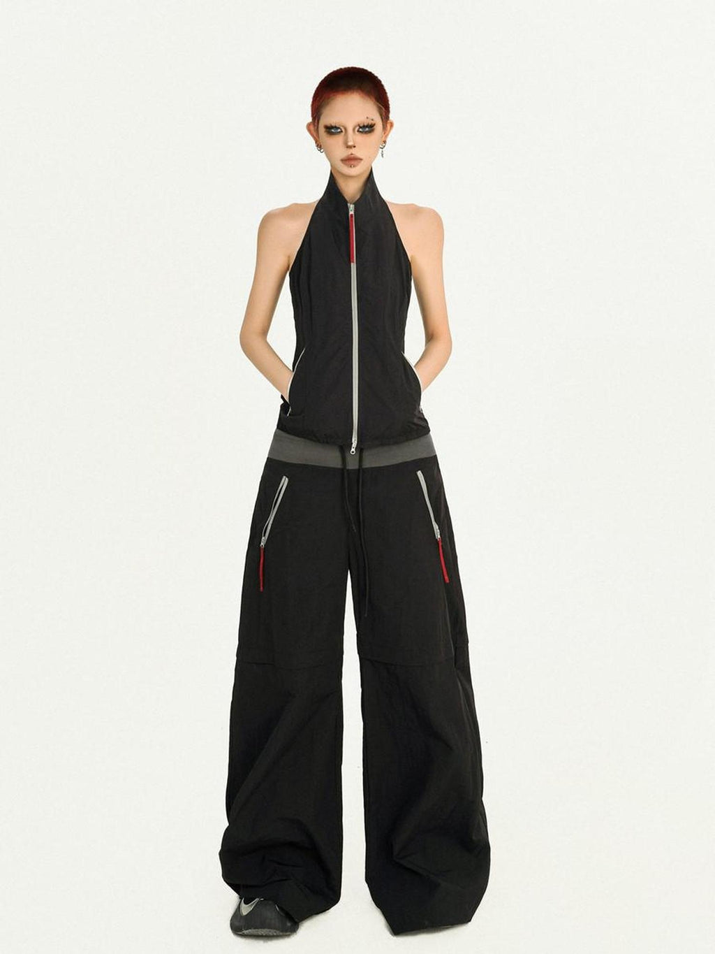Nico Molly Black Sleeveless Zip Stand Collar Workwear Slim High Waist Cargo Top & Pants Sets