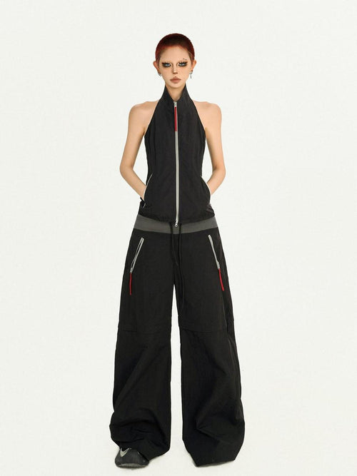 Nico Molly Black Sleeveless Zip Stand Collar Workwear Slim High Waist Cargo Top & Pants Sets