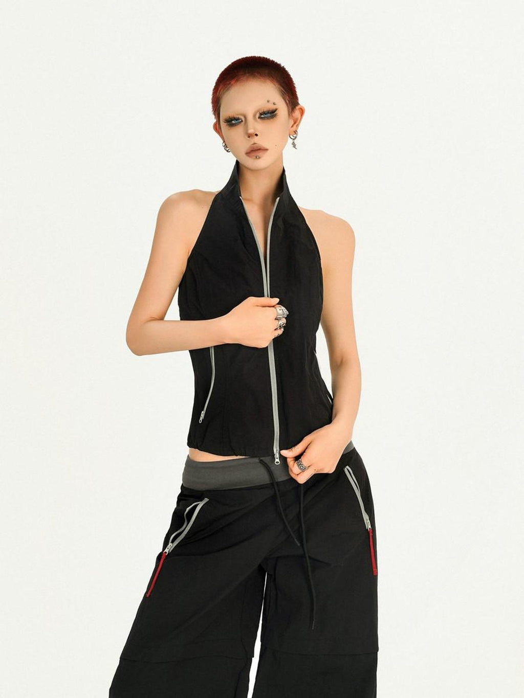 Nico Molly Black Sleeveless Zip Stand Collar Workwear Slim High Waist Cargo Top & Pants Sets