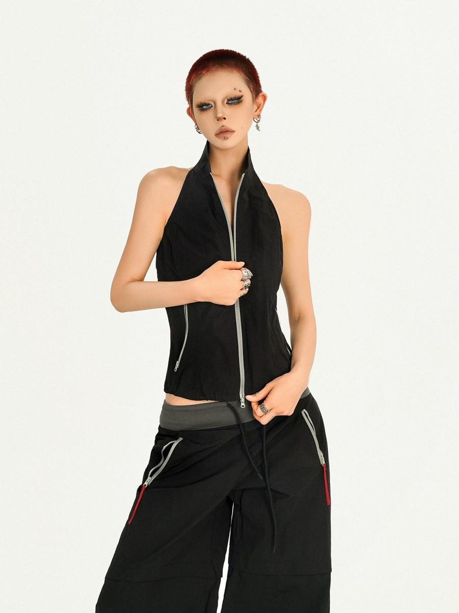 Nico Molly Black Sleeveless Zip Stand Collar Workwear Slim High Waist Cargo Top & Pants Sets