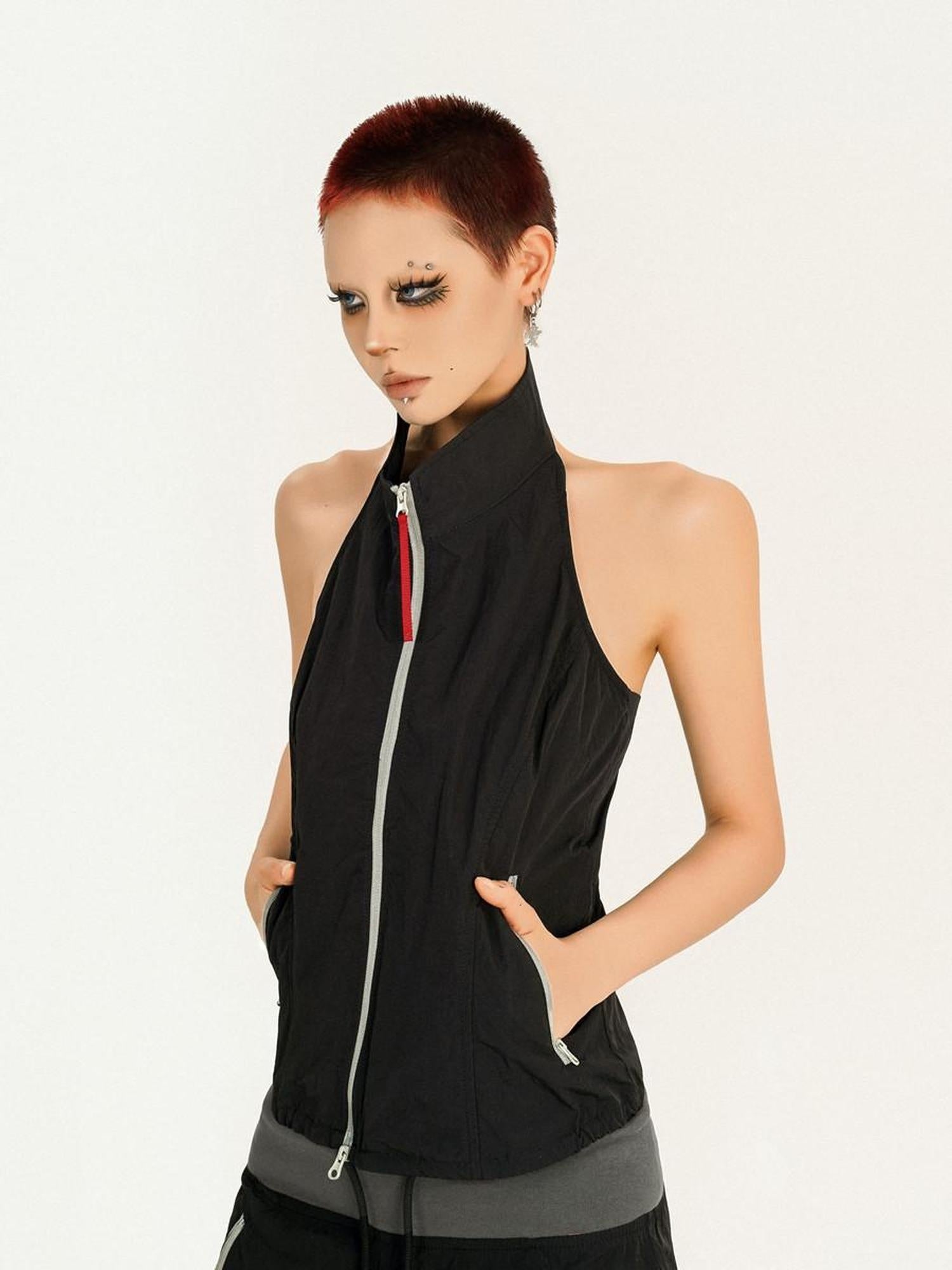 Nico Molly Black Sleeveless Zip Stand Collar Workwear Slim High Waist Cargo Top & Pants Sets