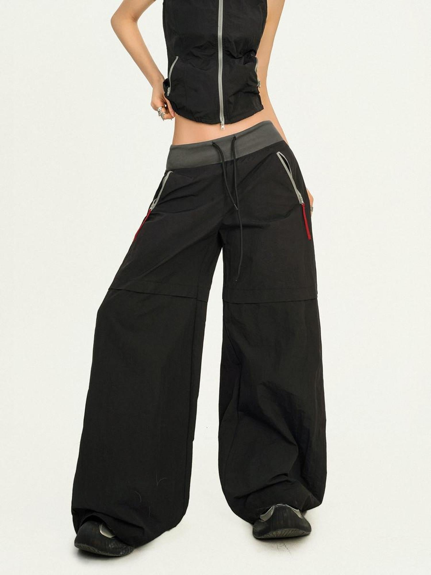 Nico Molly Black Sleeveless Zip Stand Collar Workwear Slim High Waist Cargo Top & Pants Sets