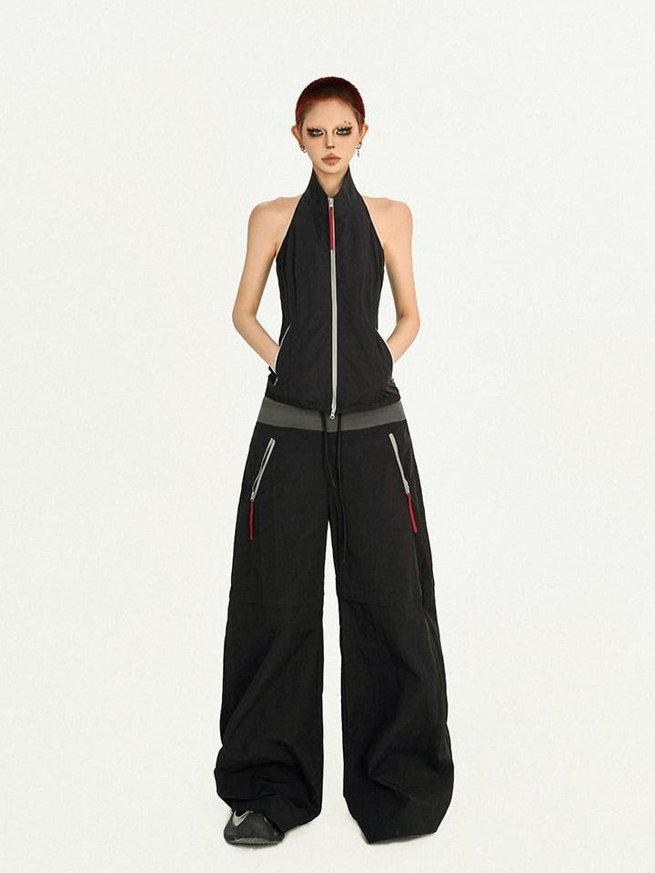 Nico Molly Black Sleeveless Zip Stand Collar Workwear Slim High Waist Cargo Top & Pants Sets
