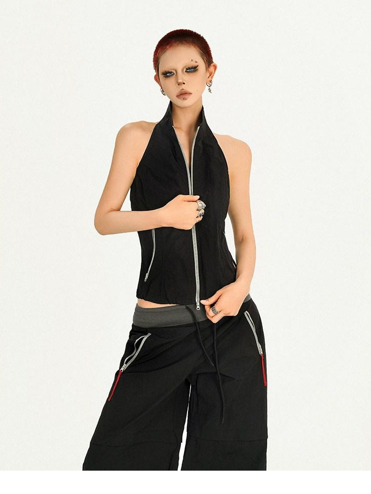 Nico Molly Black Sleeveless Zip Stand Collar Workwear Slim High Waist Cargo Top & Pants Sets