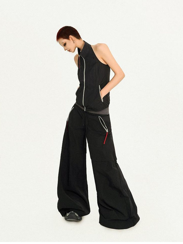 Nico Molly Black Sleeveless Zip Stand Collar Workwear Slim High Waist Cargo Top & Pants Sets