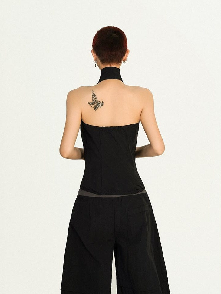 Nico Molly Black Sleeveless Zip Stand Collar Workwear Slim High Waist Cargo Top & Pants Sets