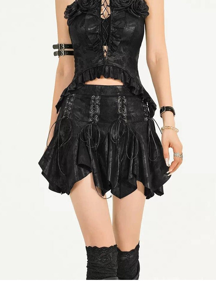 Nico Molly Black Textured Gothic Slim Fit Womens Chic Two Piece Top & Skirt Sets
