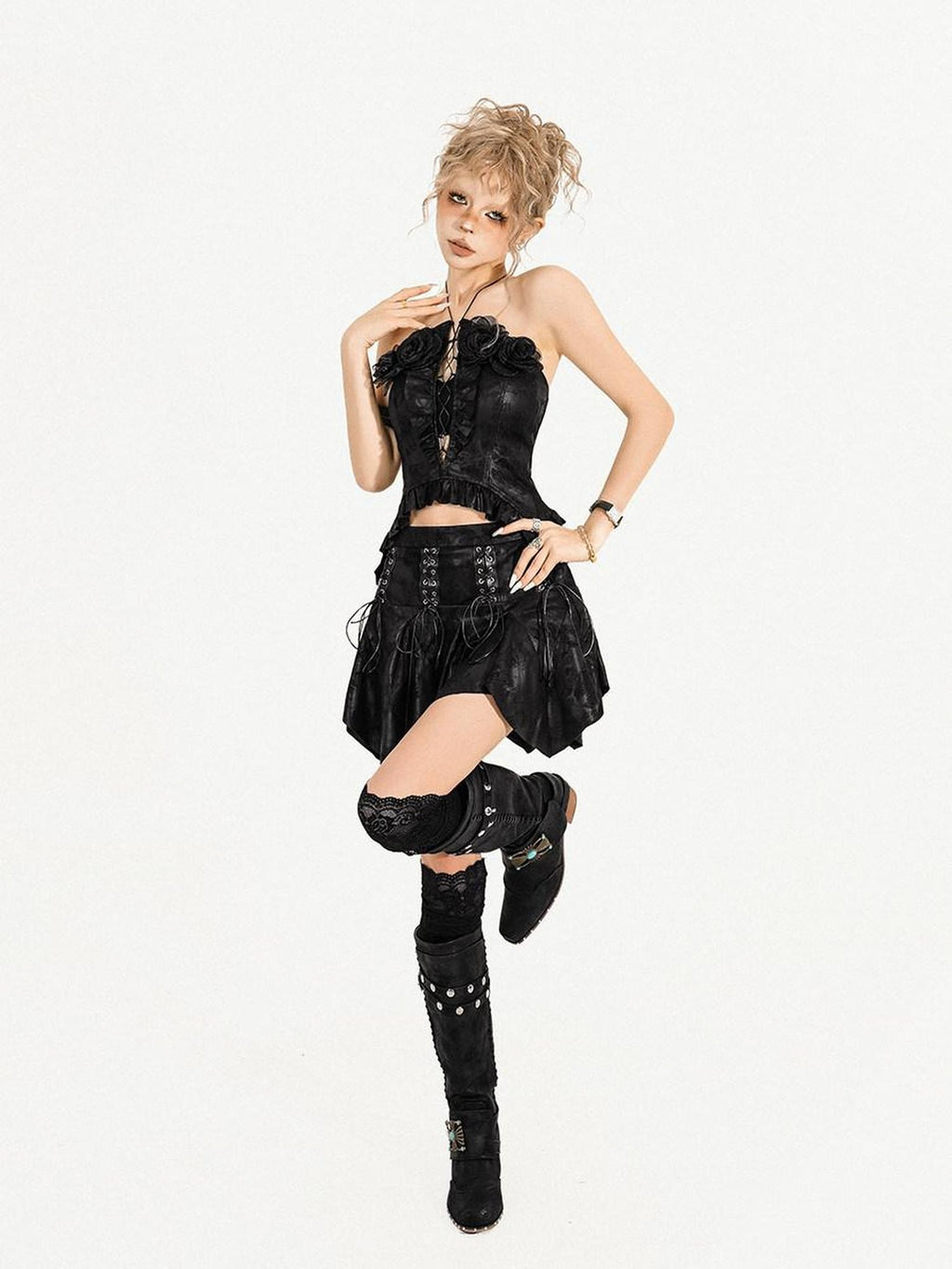 Nico Molly Black Textured Gothic Slim Fit Womens Chic Two Piece Top & Skirt Sets