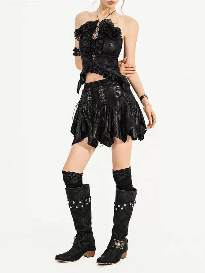 Nico Molly Black Textured Gothic Slim Fit Womens Chic Two Piece Top & Skirt Sets