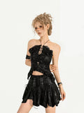 Nico Molly Black Textured Gothic Slim Fit Womens Chic Two Piece Top & Skirt Sets