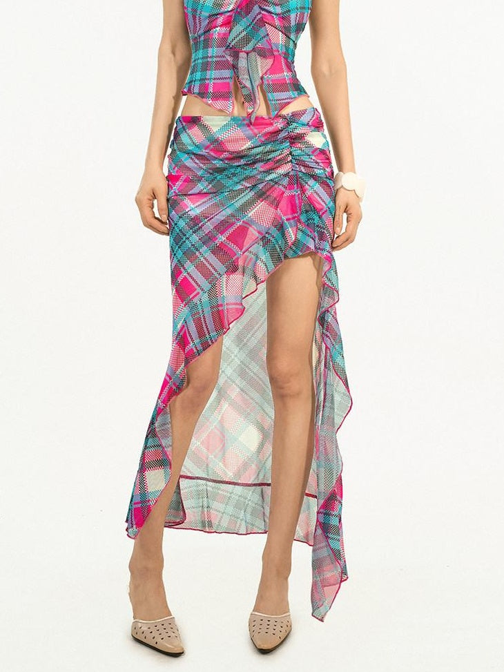 Nico Molly Blue Plaid V-neck Short Sleeve Pullover Two Piece Casual Women Top & Skirt Sets