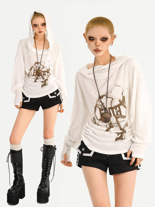 Nico Molly Bold Graphic Print Street Loose Fit Long Sleeve White Pullover For Women Hoodie