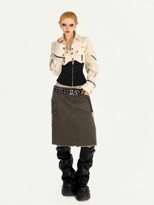 Nico Molly Breathable Apricot Vintage Patchwork Zipper Girls Cropped Jackets