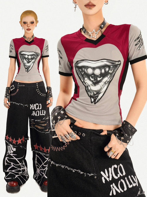 Nico Molly Breathable Heart Patchwork Sexy Slim V-neck Women T Shirt Basic Crop Tops