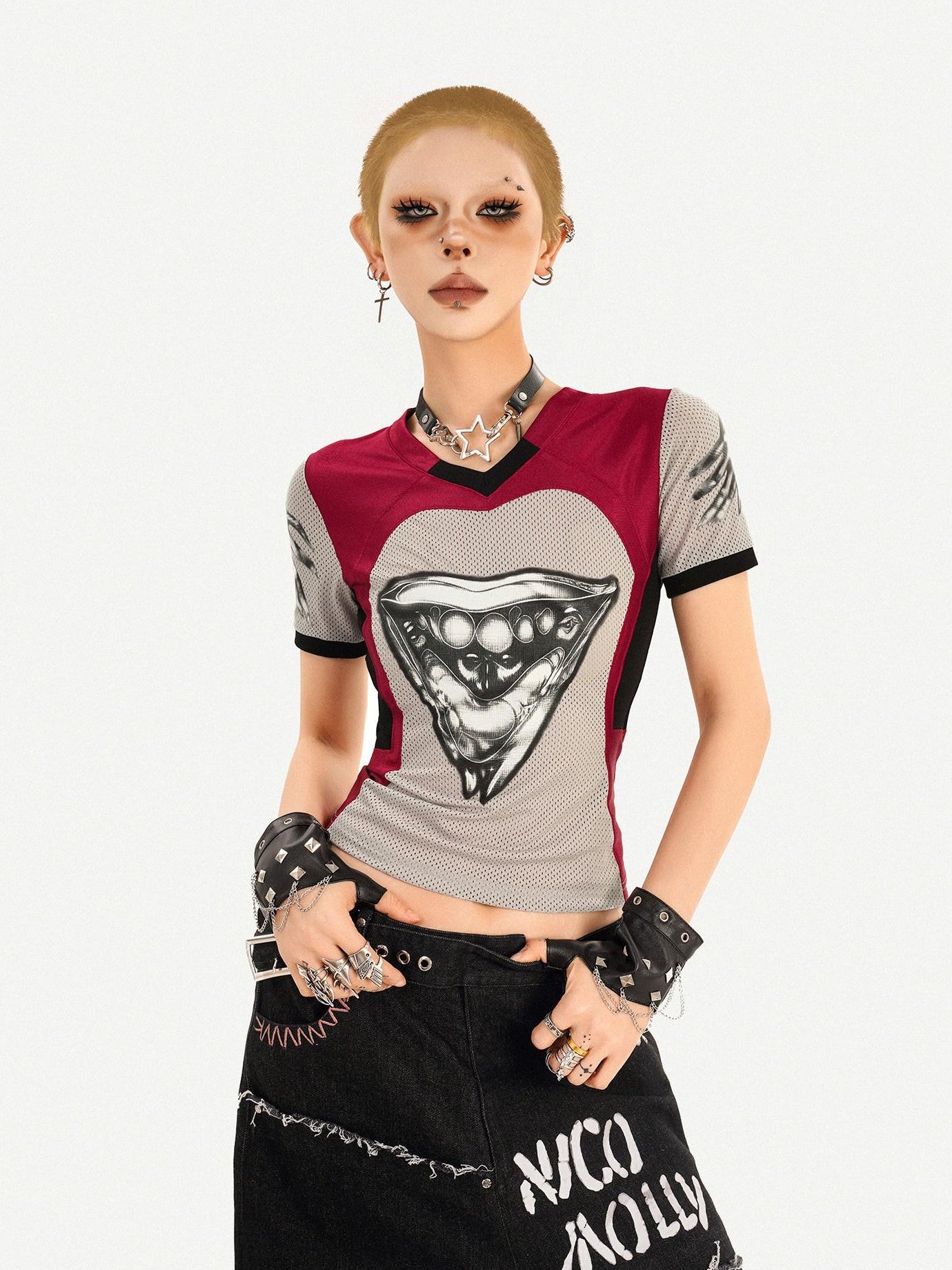 Nico Molly Breathable Heart Patchwork Sexy Slim V-neck Women T Shirt Basic Crop Tops