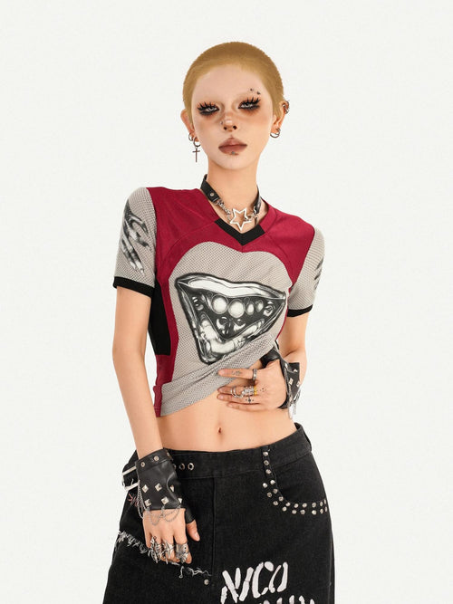 Nico Molly Breathable Heart Patchwork Sexy Slim V-neck Women T Shirt Basic Crop Tops