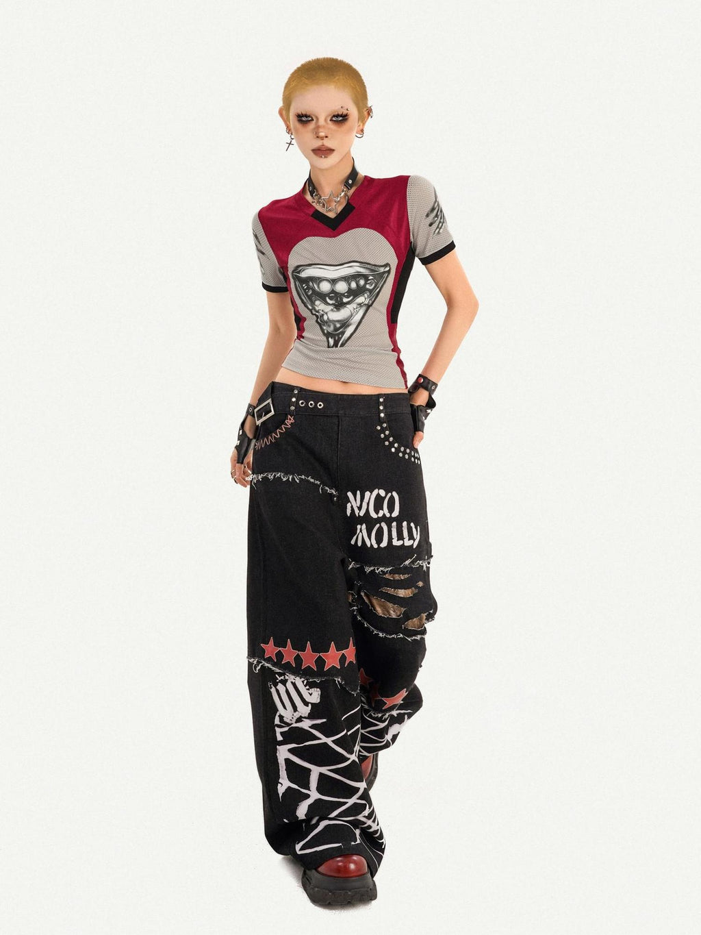 Nico Molly Breathable Heart Patchwork Sexy Slim V-neck Women T Shirt Basic Crop Tops