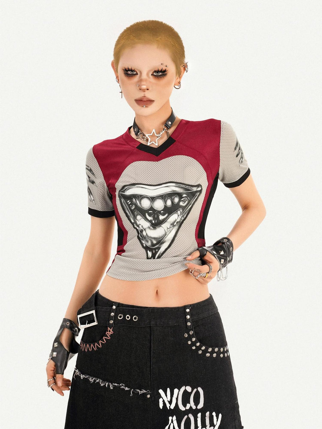 Nico Molly Breathable Heart Patchwork Sexy Slim V-neck Women T Shirt Basic Crop Tops