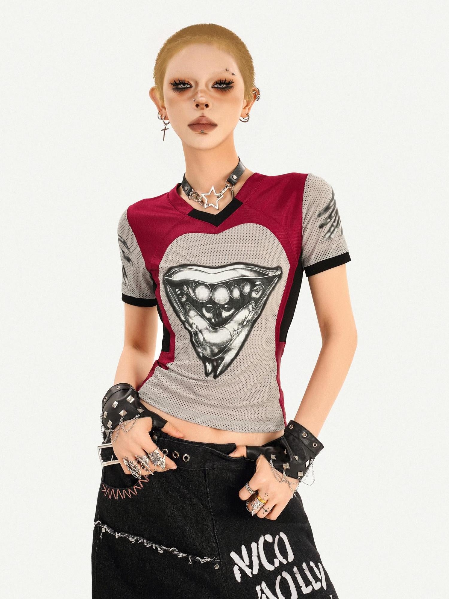 Nico Molly Breathable Heart Patchwork Sexy Slim V-neck Women T Shirt Basic Crop Tops