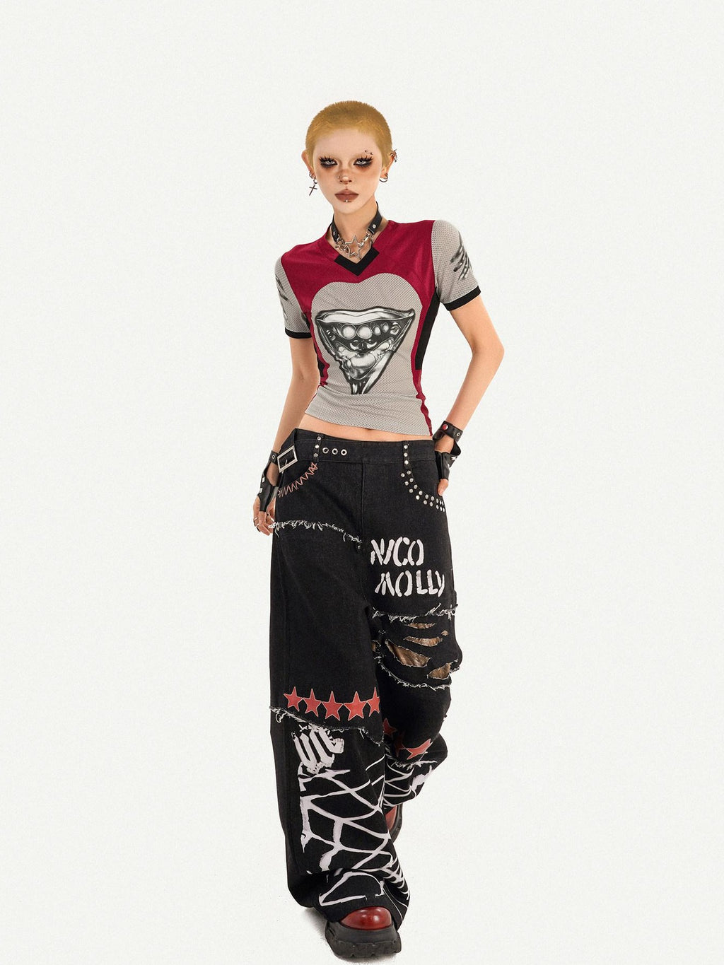 Nico Molly Breathable Heart Patchwork Sexy Slim V-neck Women T Shirt Basic Crop Tops
