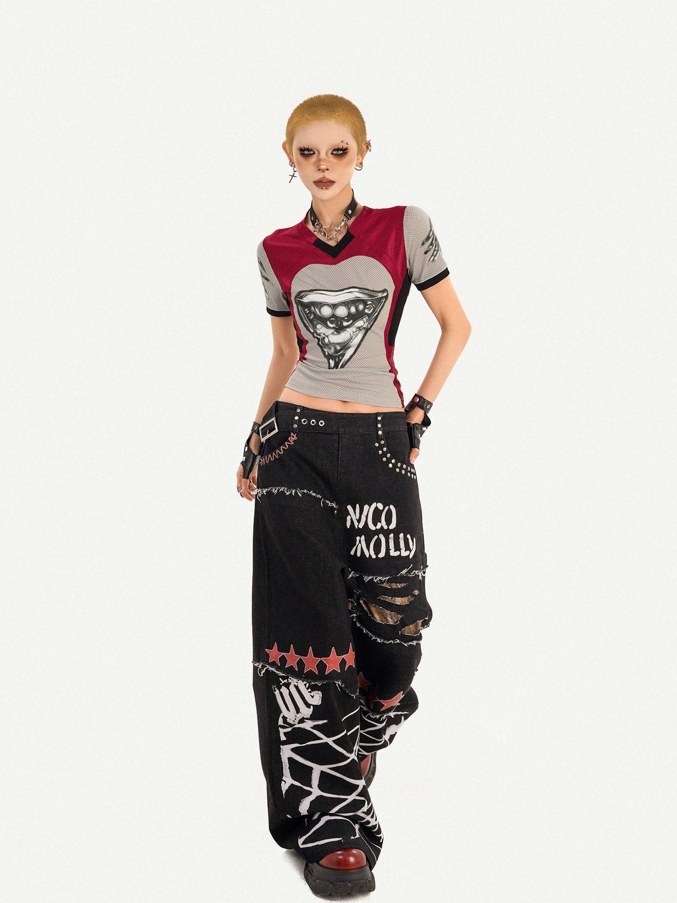 Nico Molly Breathable Heart Patchwork Sexy Slim V-neck Women T Shirt Basic Crop Tops