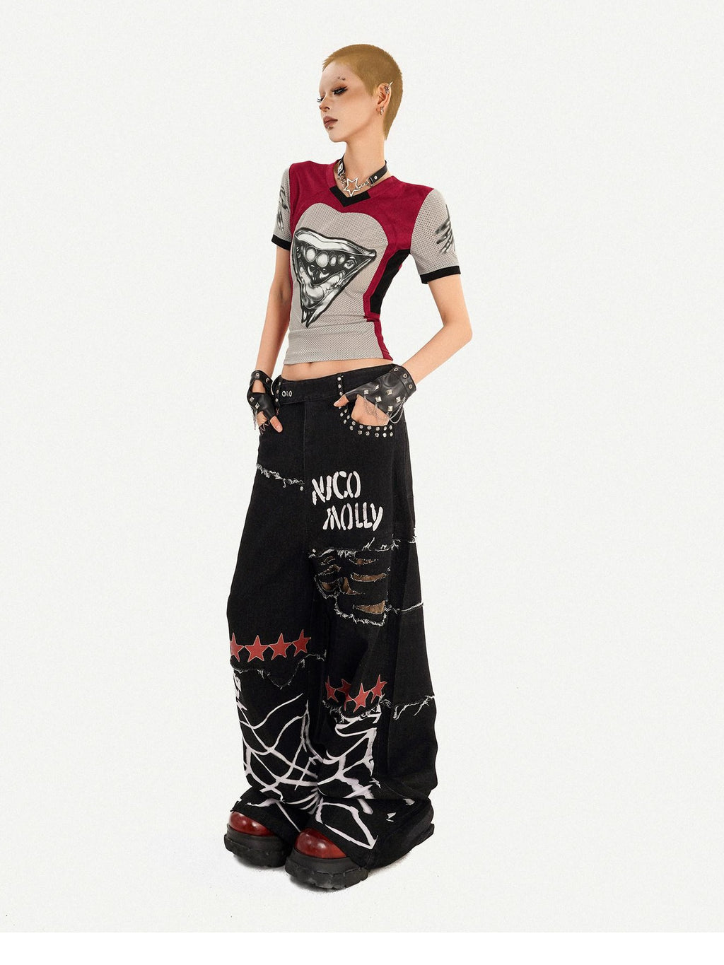 Nico Molly Breathable Heart Patchwork Sexy Slim V-neck Women T Shirt Basic Crop Tops