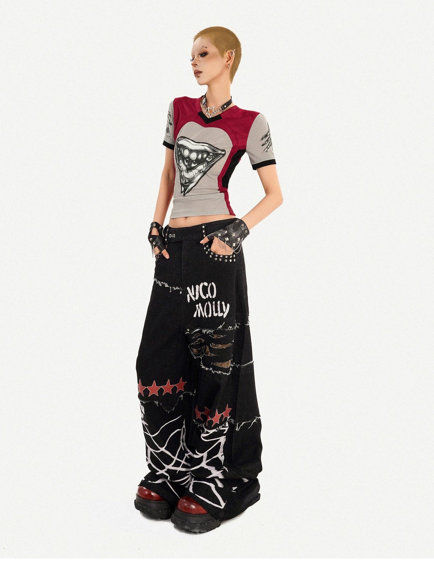 Nico Molly Breathable Heart Patchwork Sexy Slim V-neck Women T Shirt Basic Crop Tops