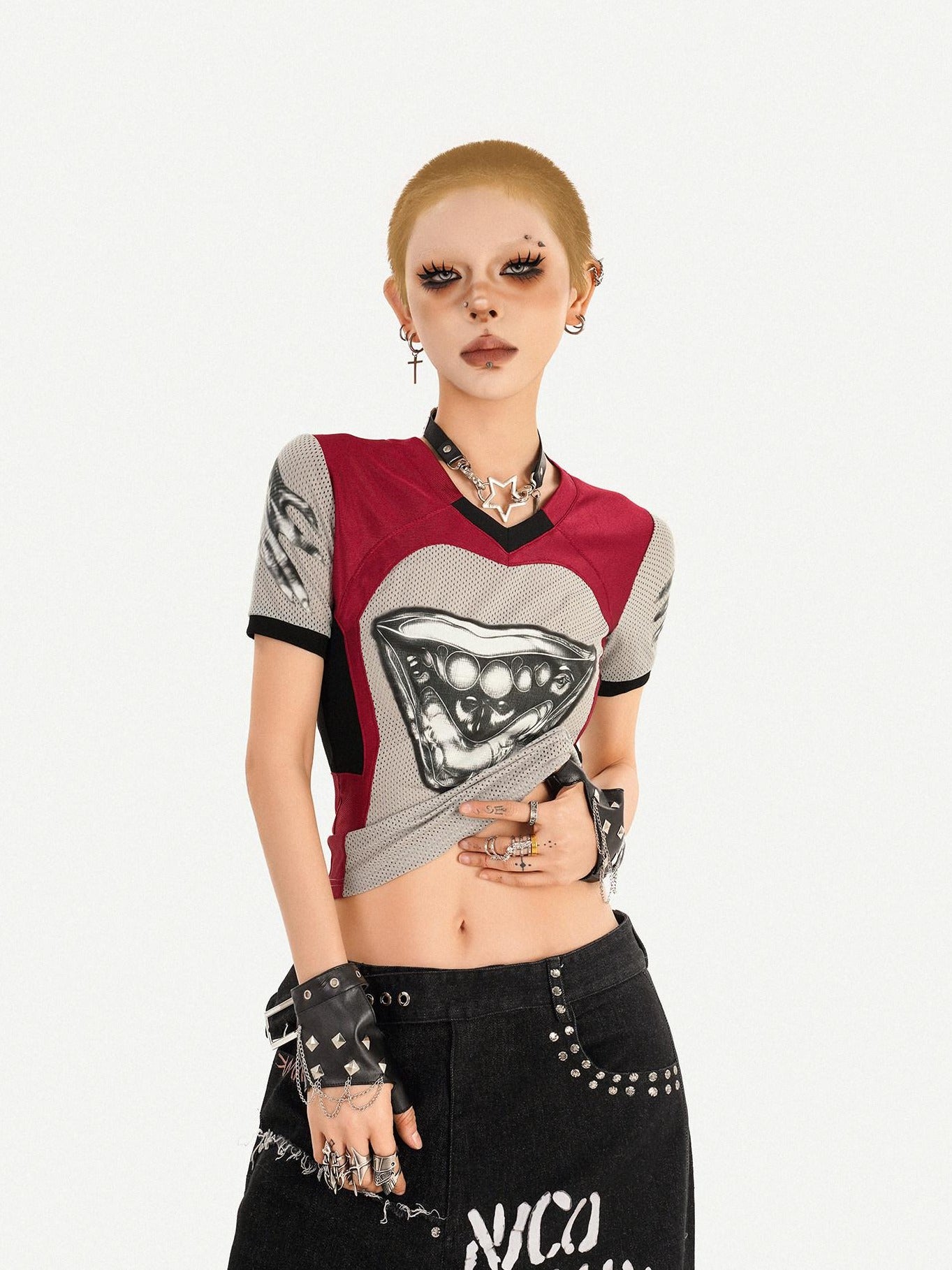 Nico Molly Breathable Heart Patchwork Sexy Slim V-neck Women T Shirt Basic Crop Tops