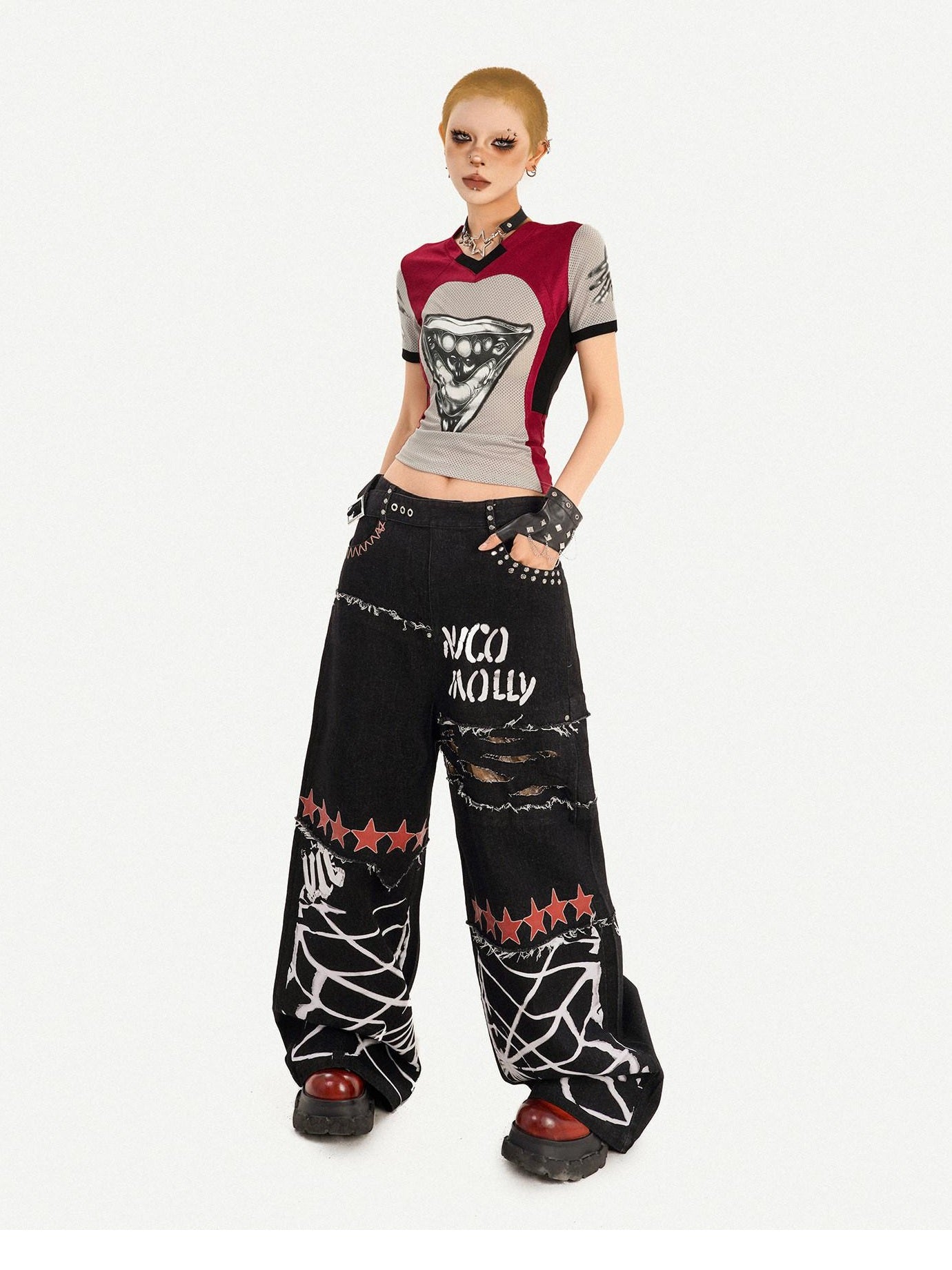 Nico Molly Breathable Heart Patchwork Sexy Slim V-neck Women T Shirt Basic Crop Tops