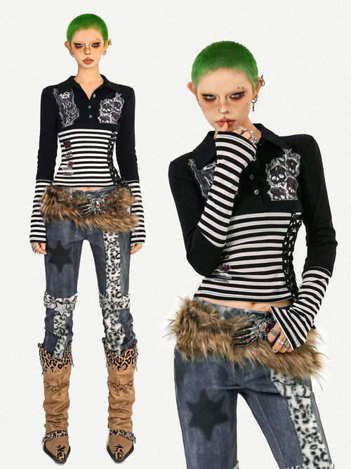 Nico Molly Breathable Punk Slim Collar Women Street Stripe Skull Print Long Sleeve T-Shirts