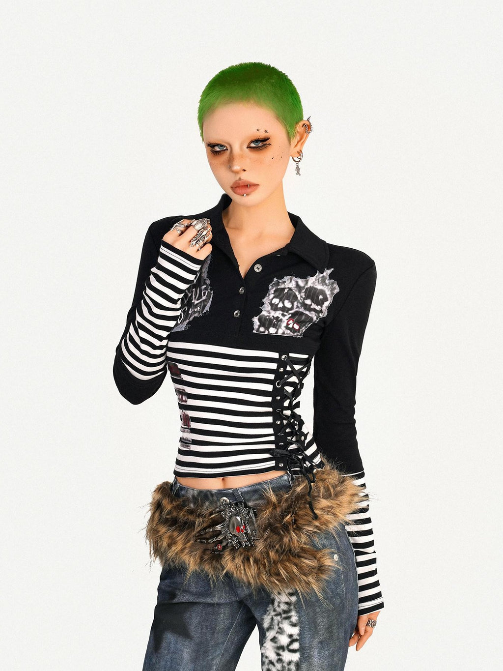 Nico Molly Breathable Punk Slim Collar Women Street Stripe Skull Print Long Sleeve T-Shirts