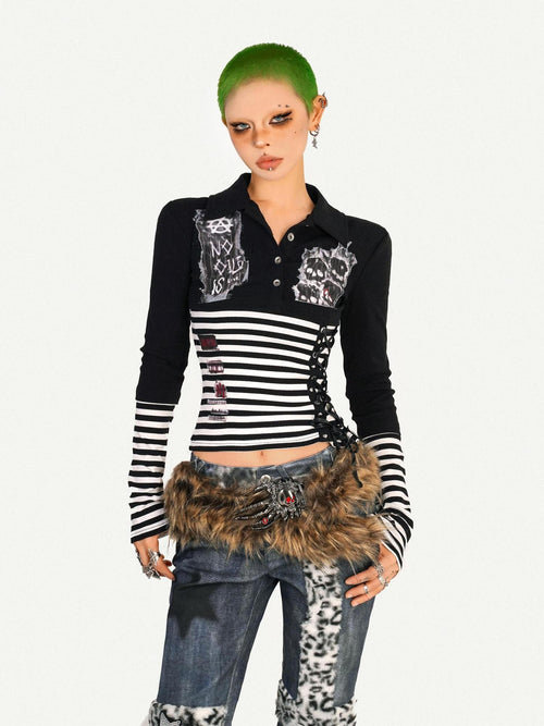 Nico Molly Breathable Punk Slim Collar Women Street Stripe Skull Print Long Sleeve T-Shirts