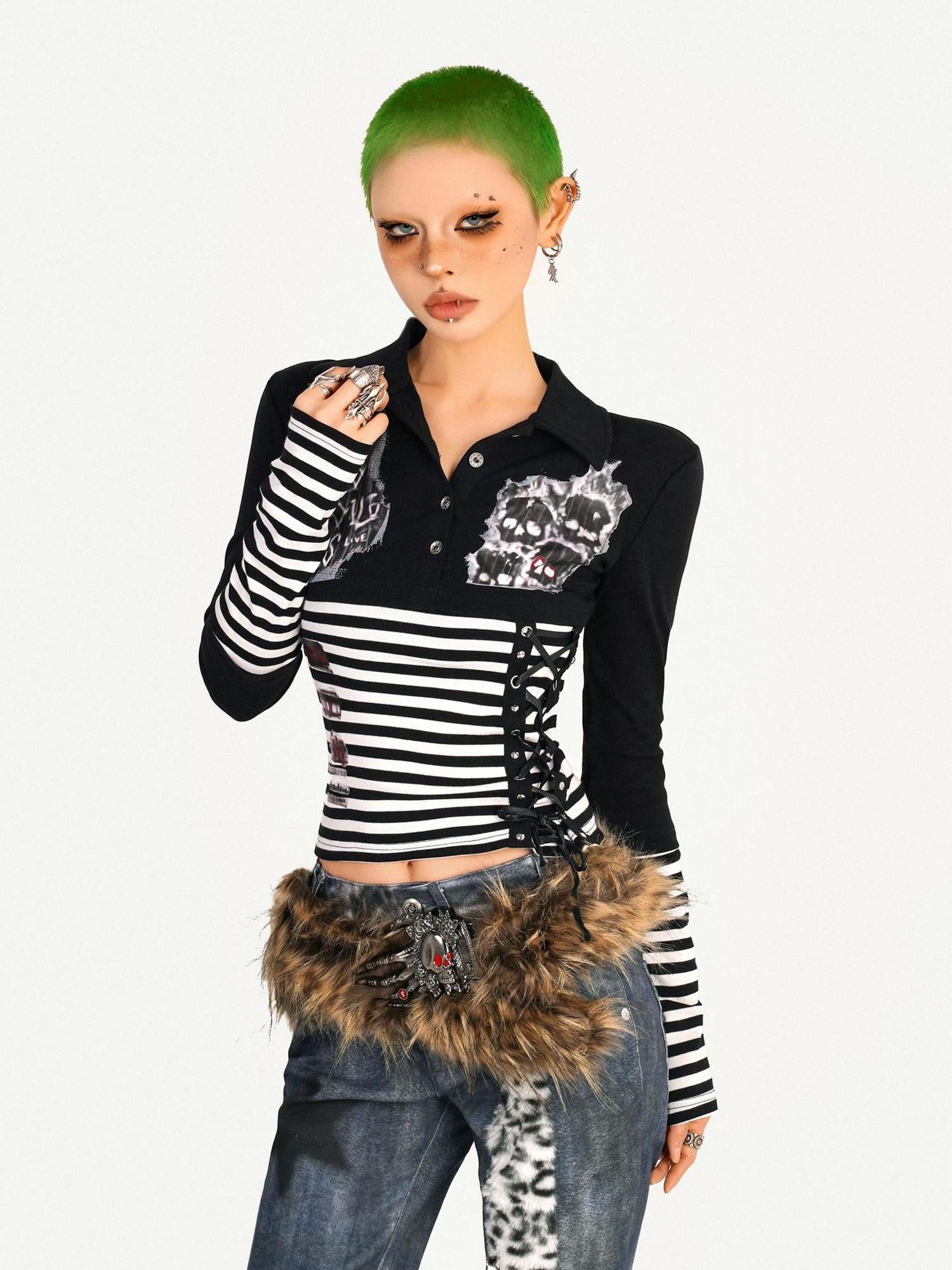 Nico Molly Breathable Punk Slim Collar Women Street Stripe Skull Print Long Sleeve T-Shirts