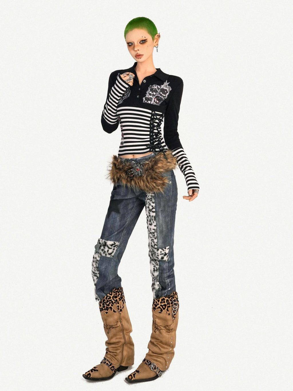Nico Molly Breathable Punk Slim Collar Women Street Stripe Skull Print Long Sleeve T-Shirts