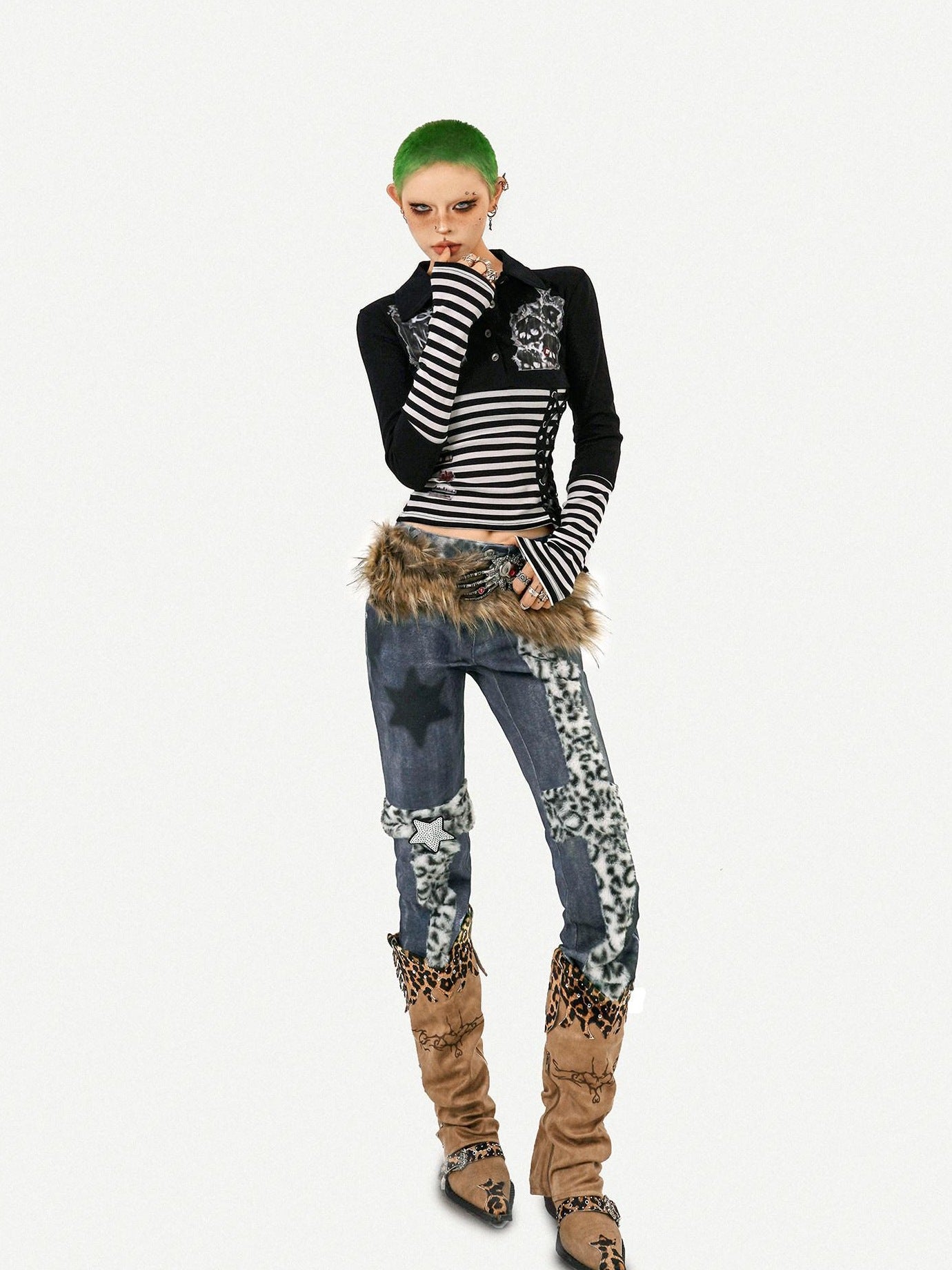 Nico Molly Breathable Punk Slim Collar Women Street Stripe Skull Print Long Sleeve T-Shirts