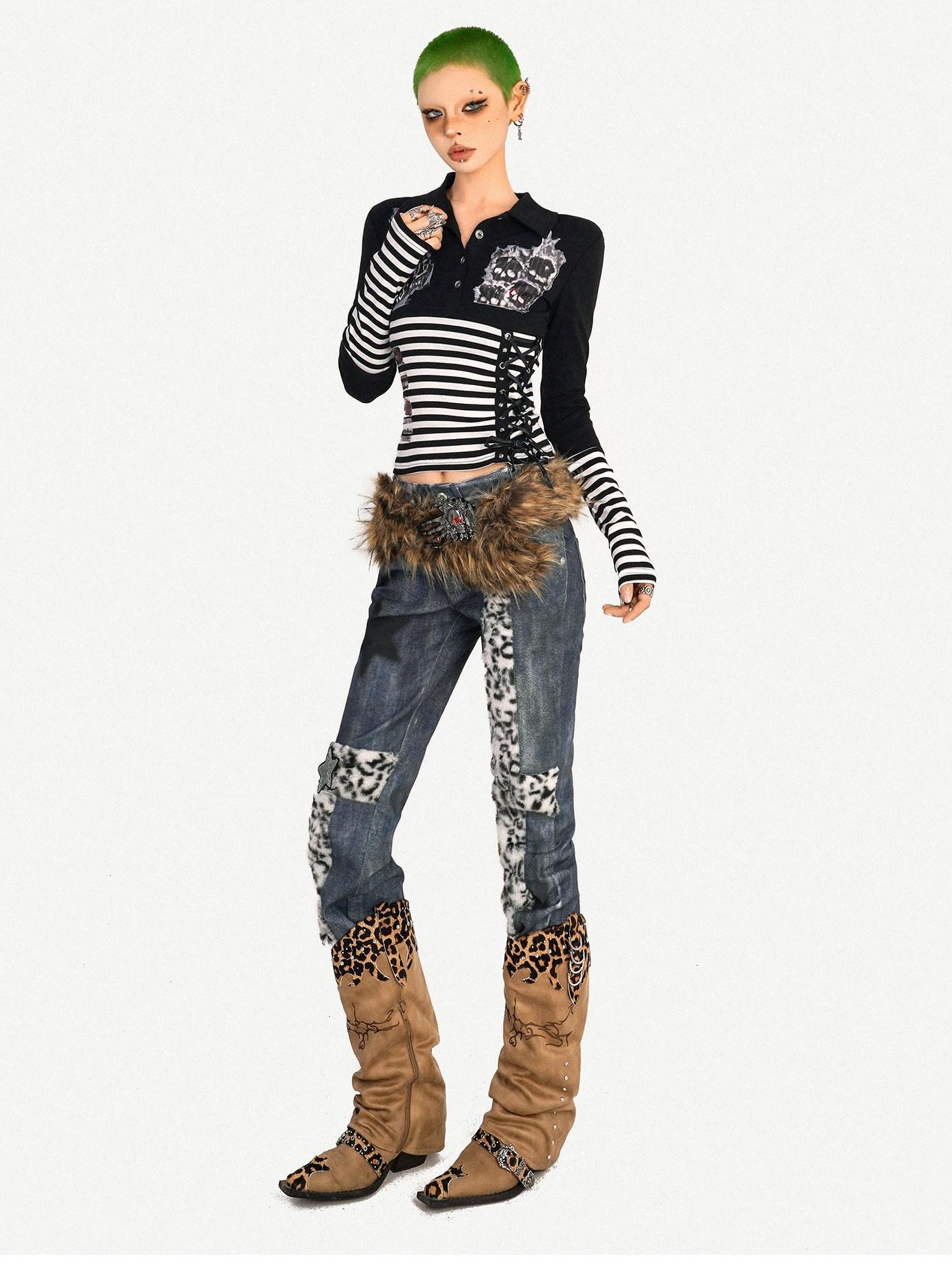 Nico Molly Breathable Punk Slim Collar Women Street Stripe Skull Print Long Sleeve T-Shirts