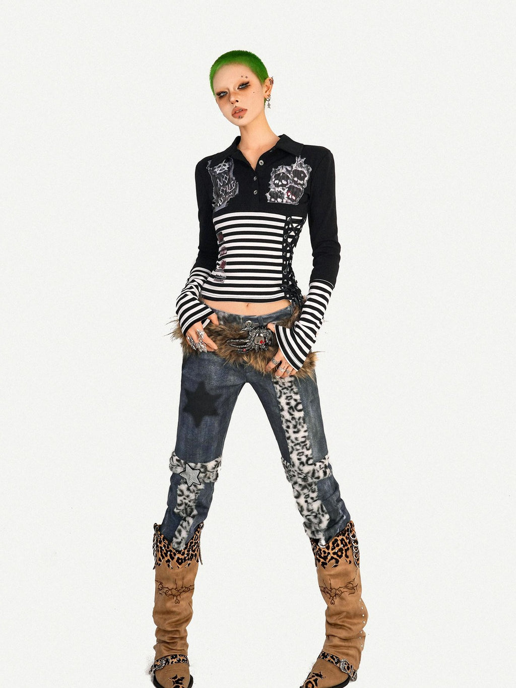 Nico Molly Breathable Punk Slim Collar Women Street Stripe Skull Print Long Sleeve T-Shirts
