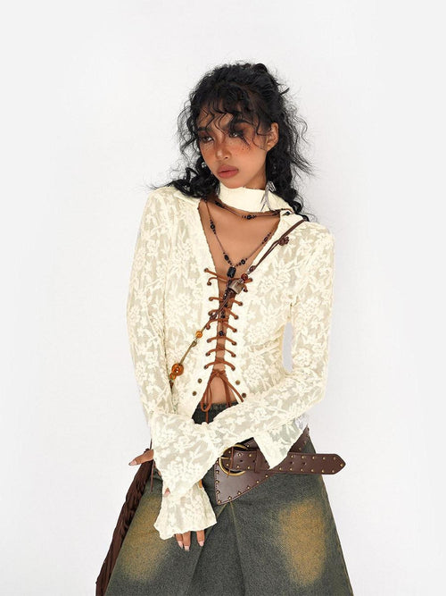Nico Molly Breathable Stretch Vintage Embroidered Lace Tie V-neck Fitted Women Blouses