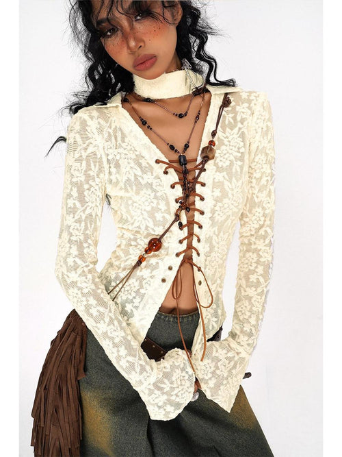 Nico Molly Breathable Stretch Vintage Embroidered Lace Tie V-neck Fitted Women Blouses