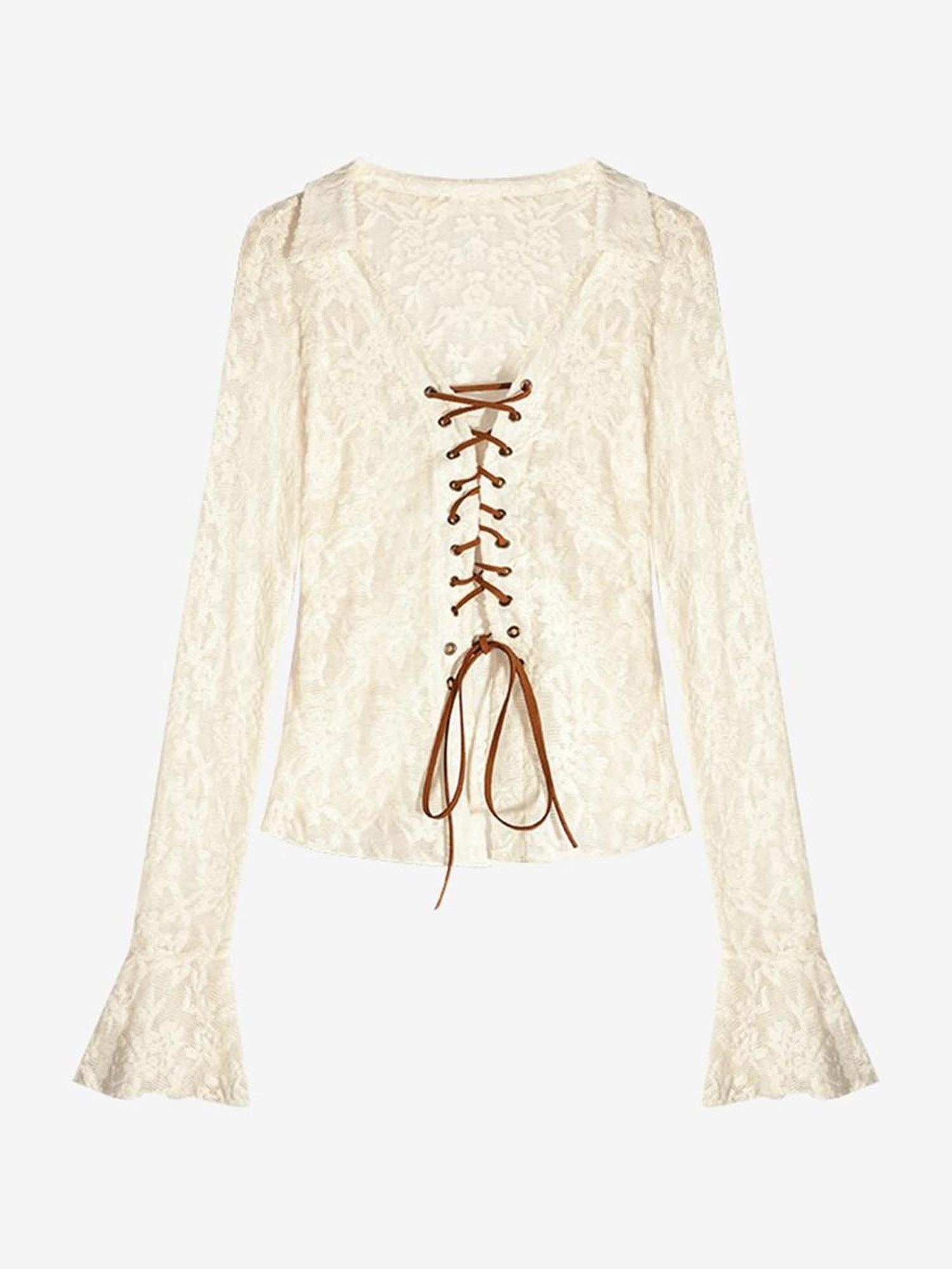 Nico Molly Breathable Stretch Vintage Embroidered Lace Tie V-neck Fitted Women Blouses