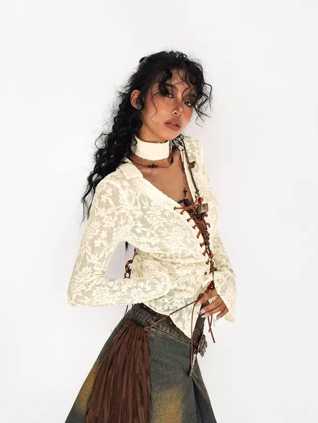 Nico Molly Breathable Stretch Vintage Embroidered Lace Tie V-neck Fitted Women Blouses