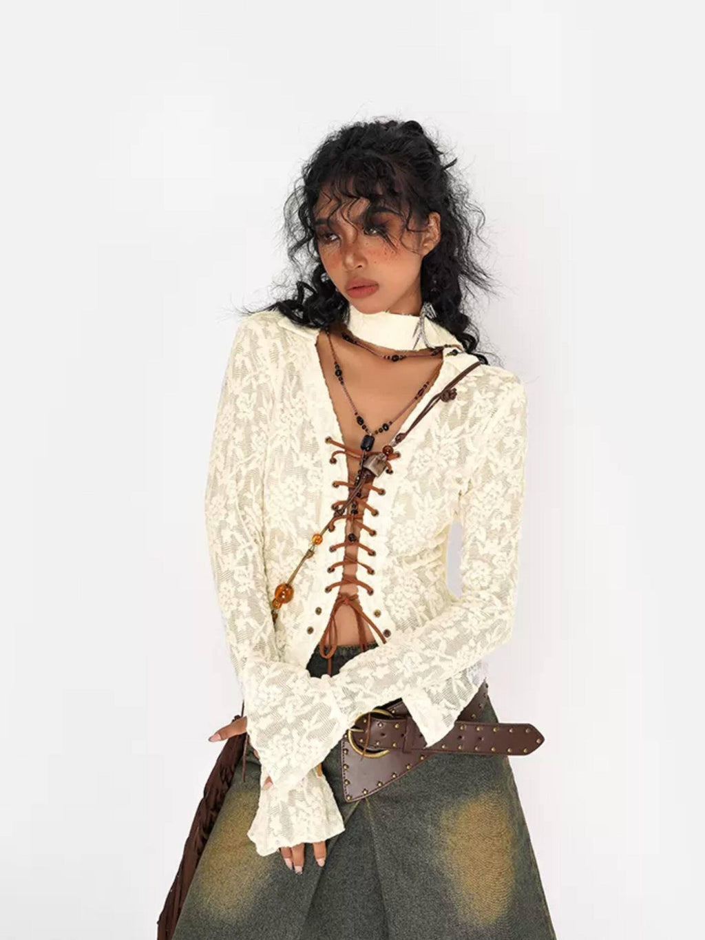 Nico Molly Breathable Stretch Vintage Embroidered Lace Tie V-neck Fitted Women Blouses